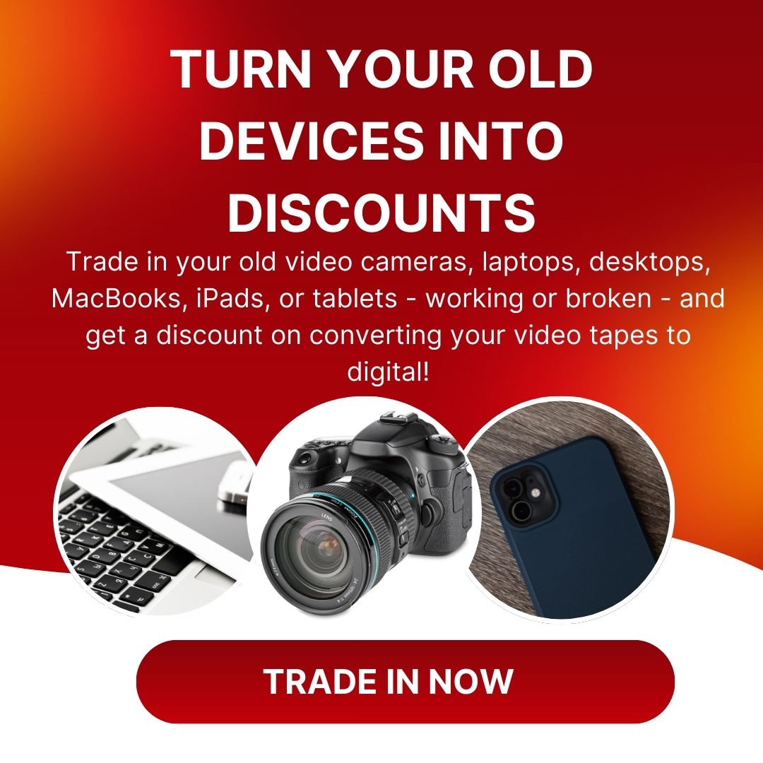 Trade in your working or broken damaged laptops, mobile phones, camera, computer or any electronic device to get a discount on converting your video tapes to digital onto USB